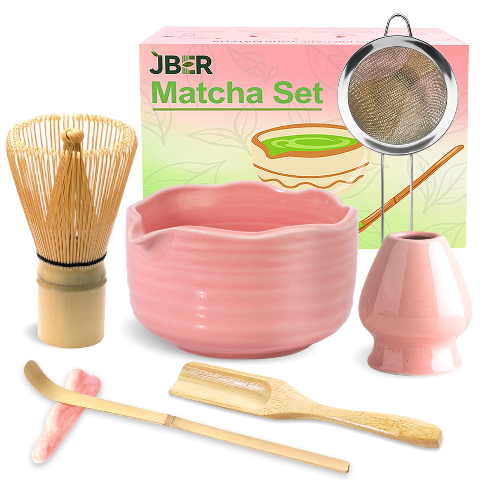 JBER Matcha Besen Set, Matcha Set - Bambus Matcha Whisk, Matcha Schale mit Auslauf, Matcha Besen Halter, Löffel und Halter, Japanisches Matcha Zubehör für Matcha-Liebhaber