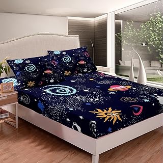 Galaxy Fitted Sheet & Pillow Sham Set Outer Space Fitted Sheet for Children Girls Teens Decor Boys Kids Cartoon Universe Planets Bedding Set Starry Sky Bed Cover Multicolor Black Room Decor Twin Size