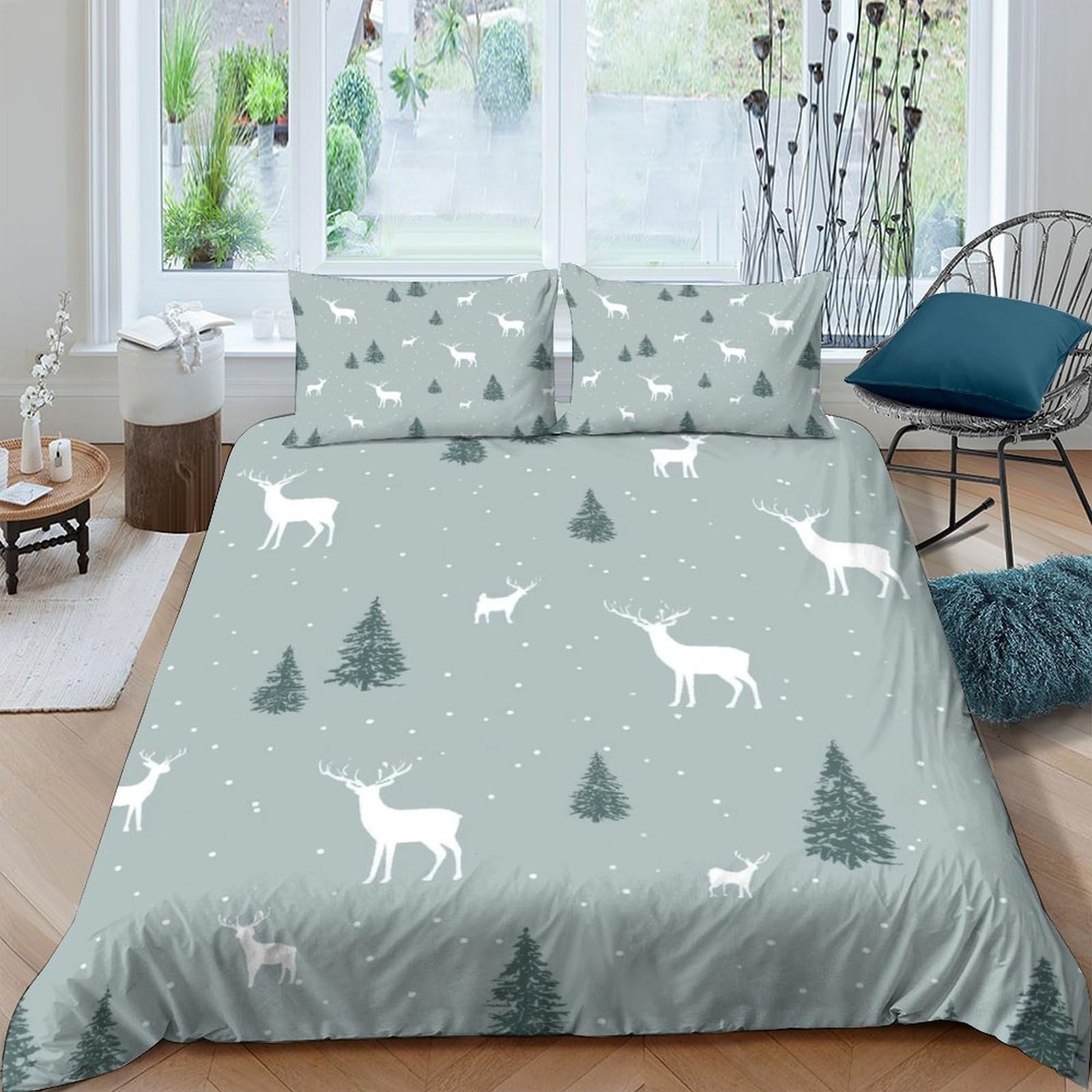 Ctjqhvkz Style-1 3D Printed Forest Deer Fitted Sheet Microfiber Soft Grey Pine Tree Bed Cover For Bedroom Guest Room Mattress Protection Single（135X200cm）