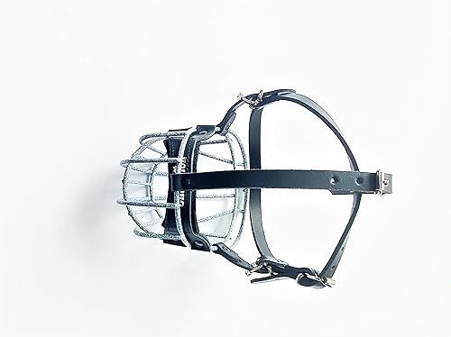 Miniatura 2 de L&J Pets Uk Bozal de metal para canasta de bulldog francés, bozal de metal fuerte para franceses (cuero manchado y negro, B1 Frenchi)