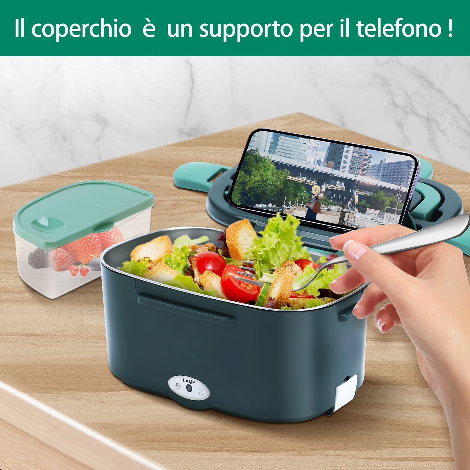 Lunch Box Elettrico Portatile 4 in 1 12V/24V/110V/220V 1.5L 60W Acciaio Inox Auto Camion Ufficio