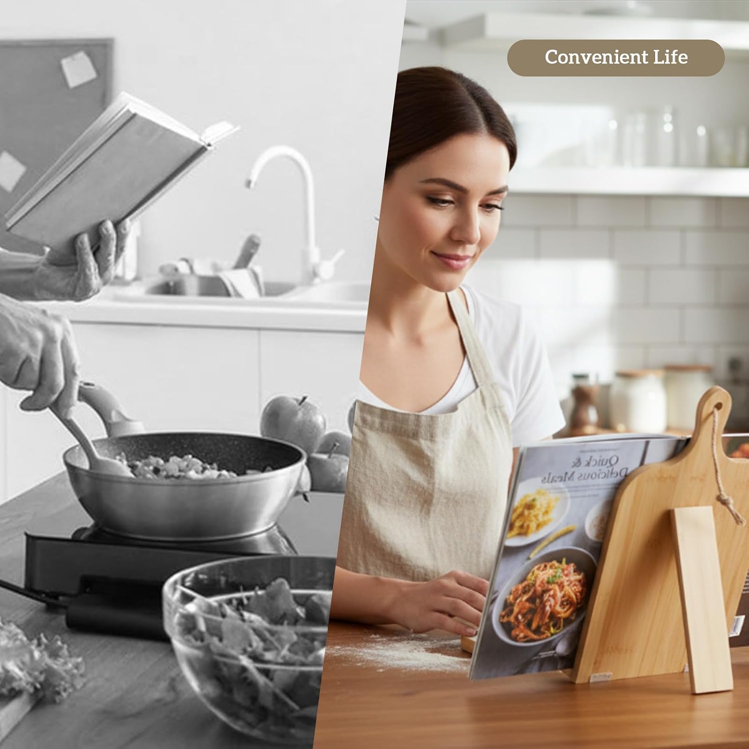 COMNICO Bamboo Cookbook Stand for Kitchen Counter, Foldable Cook Book Holder with Measurement Conversion Chart Recipe Book Stand Essential Accessories for Holding Cookbooks