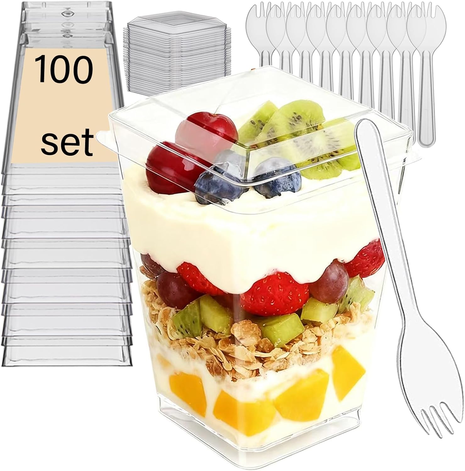 60 Pack 20 Set Clear Dessert Cups with Lids and Spoons, 5oz Mini Dessert Cups Reusable Square Parfait Cup for Party Appertizer, Christmas