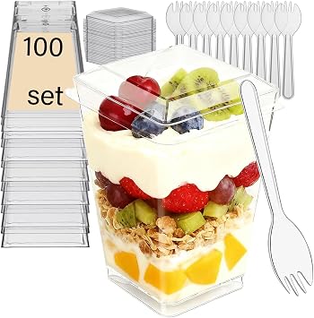 300 Pack 100 Set Clear Dessert Cups with Lids and Spoons, 5.4oz Mini Dessert Cups Reusable Square Parfait Cup for Party Appertizer, Christmas