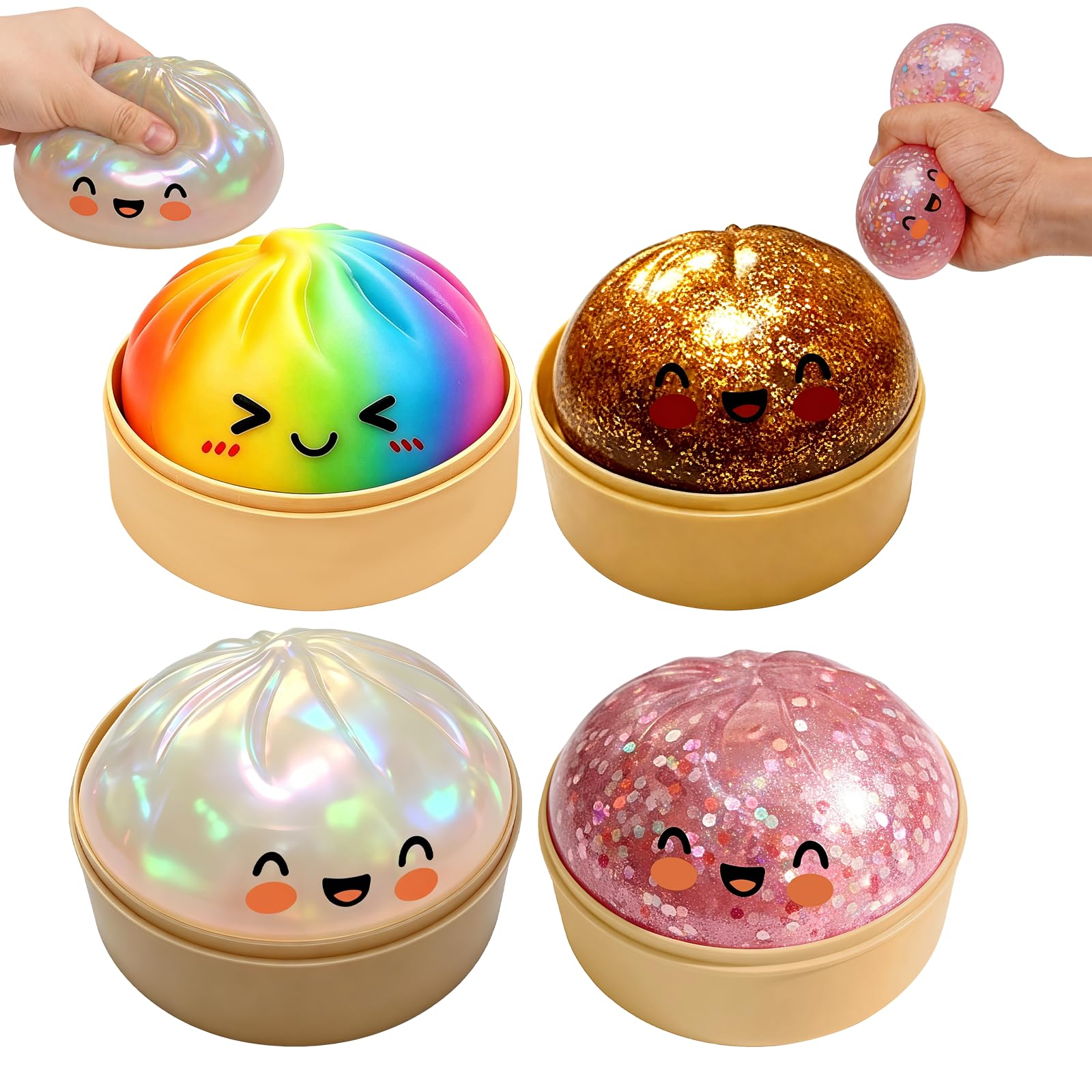 4Pcs Glitter Dumpling Squishy, Big Mystery Dumplings Squishies Box, Cute Bao Bun Fidget Real Office Desk Decor, Soft Sensory Squeeze Ball with Steamer for Anxiety Stress Relief, Novelty Surprise Gift