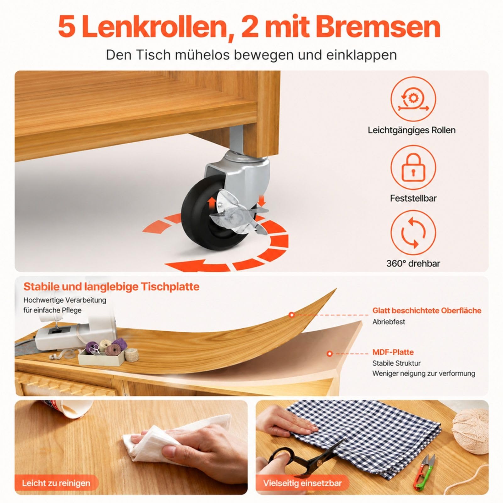 Klappbarer Nähtisch mit Rollen in Holzfarbe