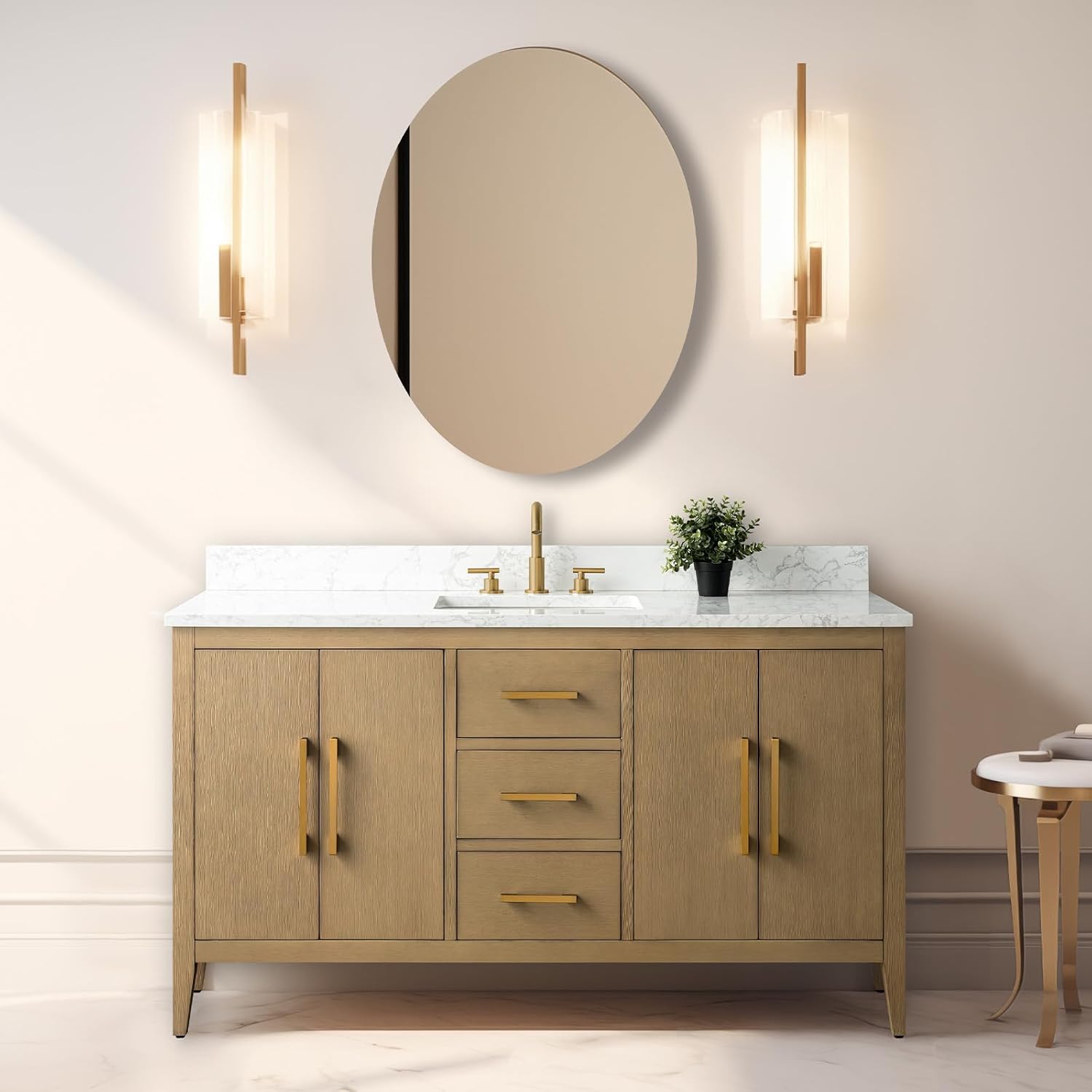 Vanity Art 60 inch Bathroom Vanity with Single Sink & Ceramic Top, Vanity Cabinet with Soft-Closing Doors, Drawers, Solid Wood Frame, Natural Oak, VA9060-SNO-GB1