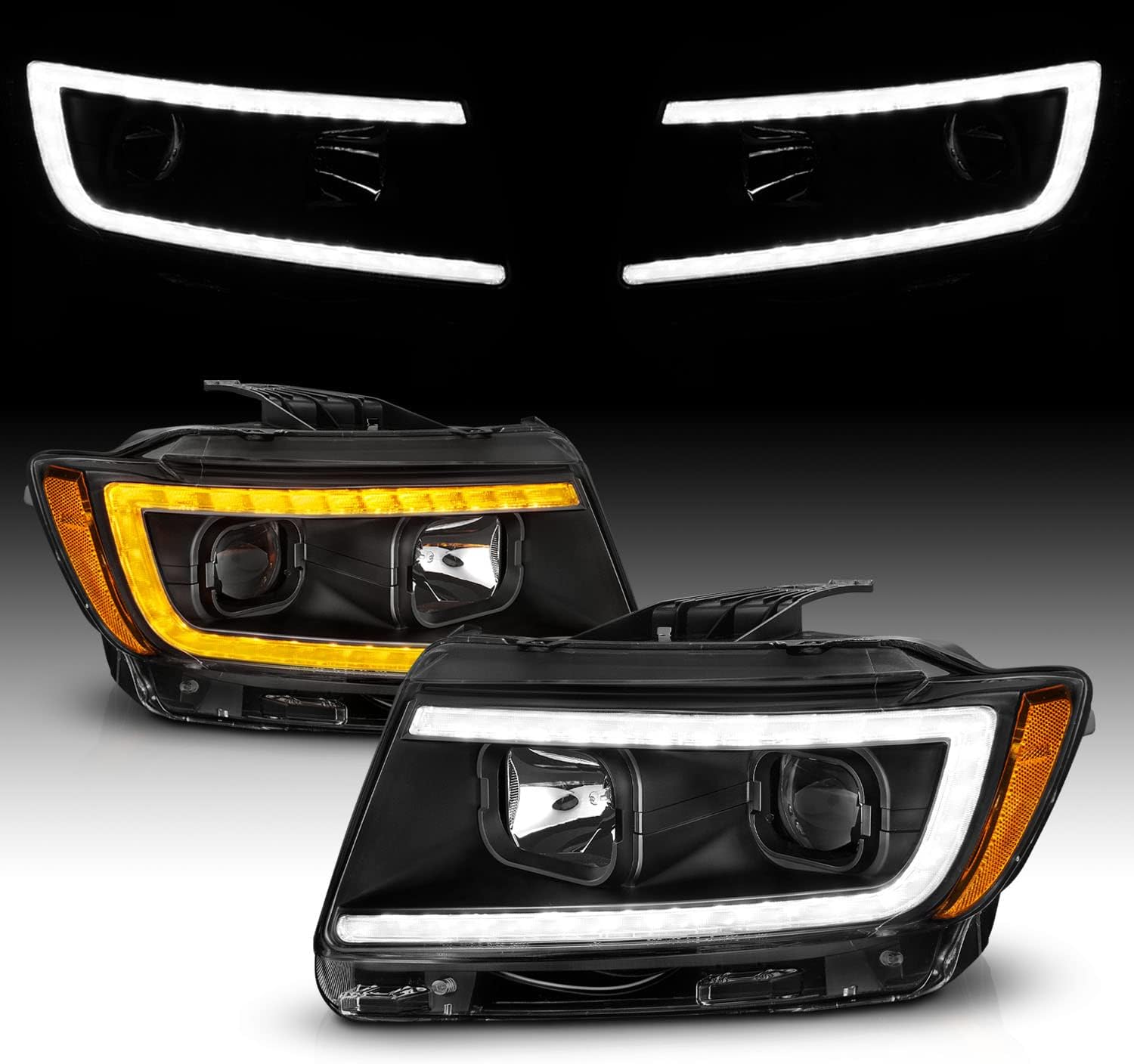 AmeriLite for 2011-2013 Jeep Grand Cherokee WK2 C-Type LED Switchback Tube Black Square Projector Headlight Assembly Pair - Passenger and Driver Side