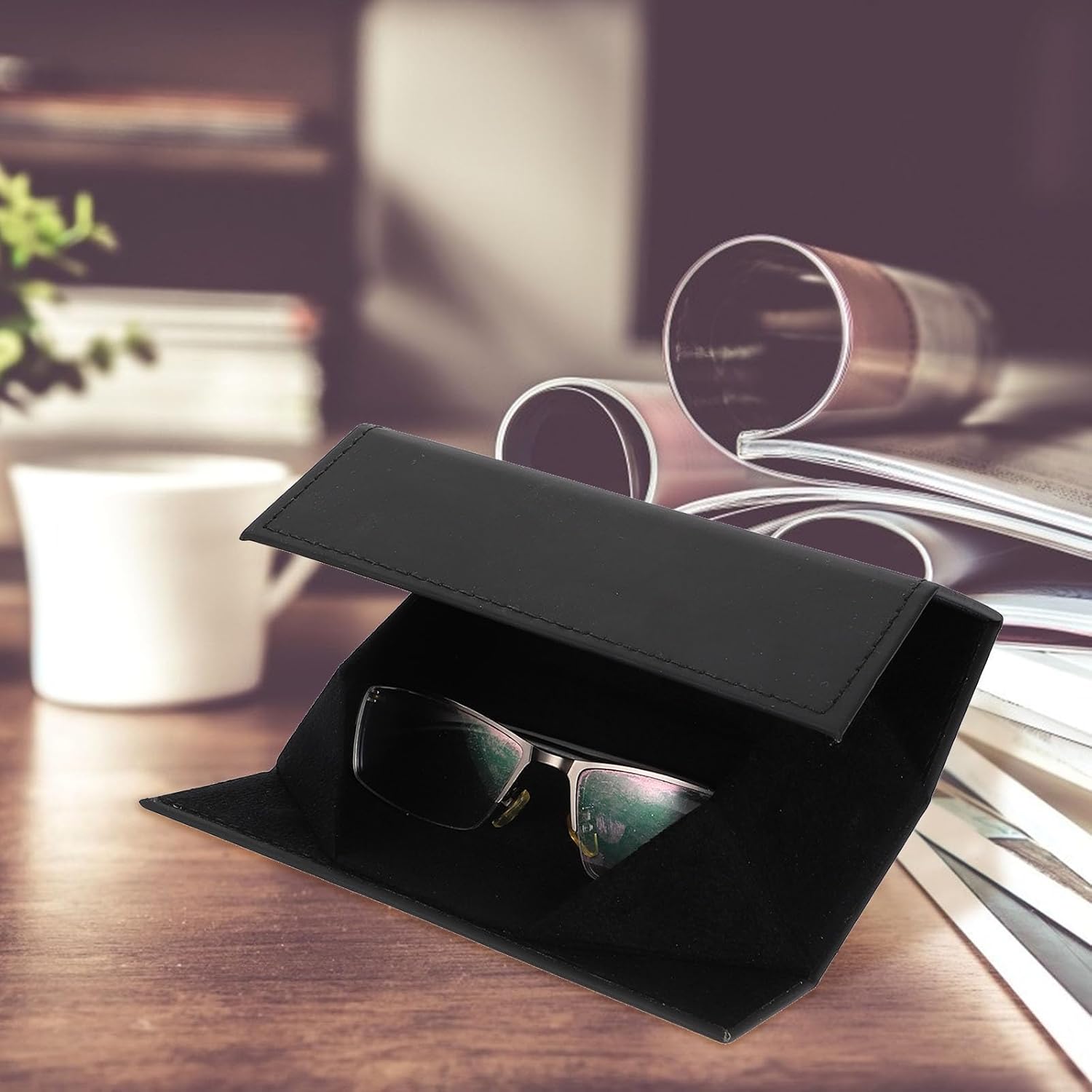 Foldable Glasses Storage Container Leather Eyeglass Box with Inner Plush Lining Black Compact Eyewear Case for Travel and Daily Use image 4