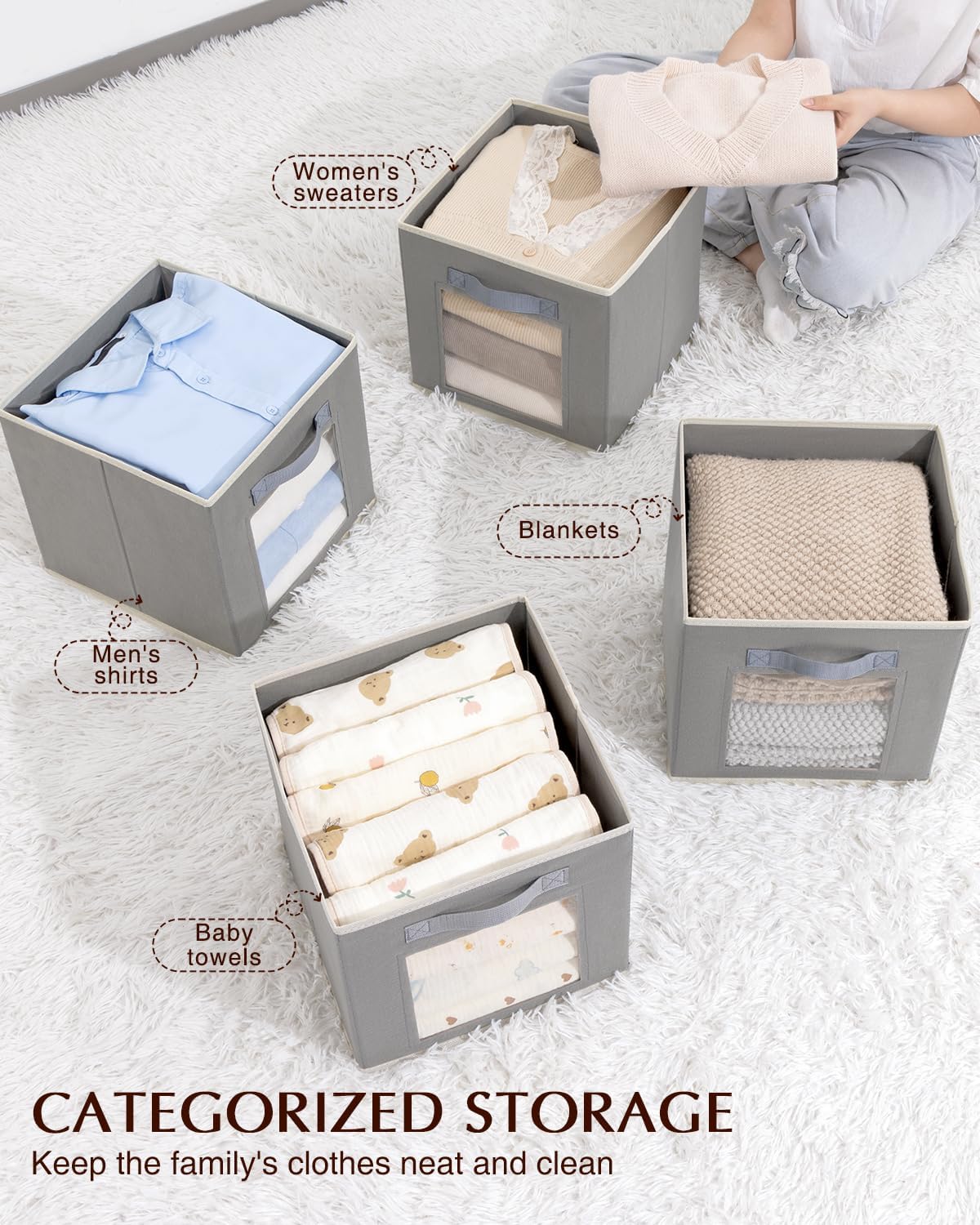 Bins for Closet Organization - Cubby Storage Organizer with Window, Closet Baskets for Shelves, Folding Cubes for Storage, Storage Bins for Home, 11inch, Set of 8, Grey