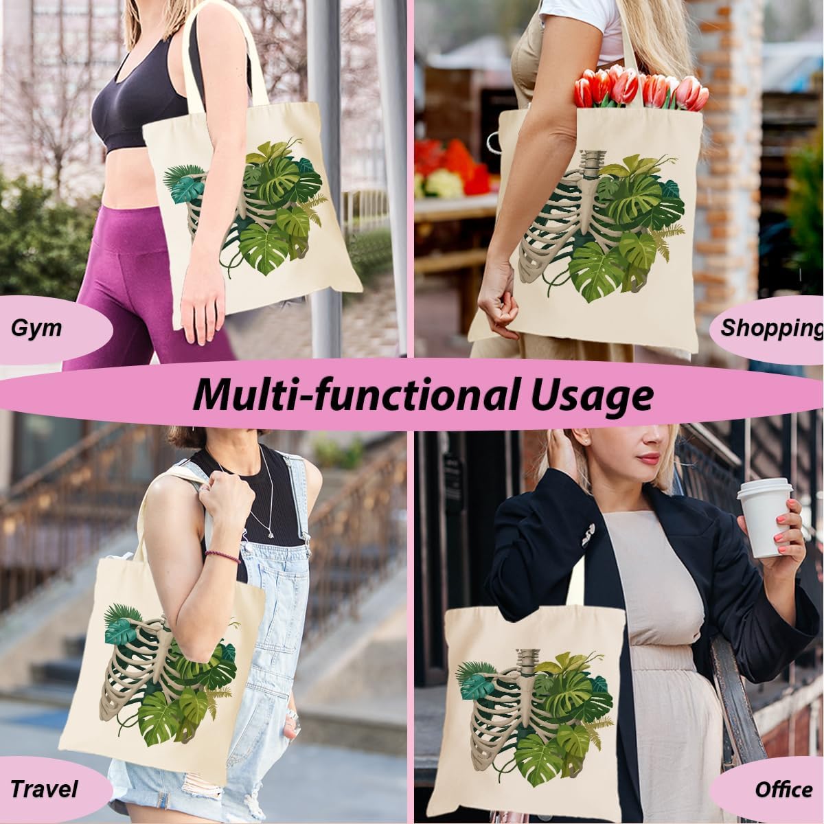 jeilink Bird Gifts Skeleton Plant Lover Gift Canvas Tote Bag Dinosaur Book Lovers Gifts Dragonfly Gift for Women image 5