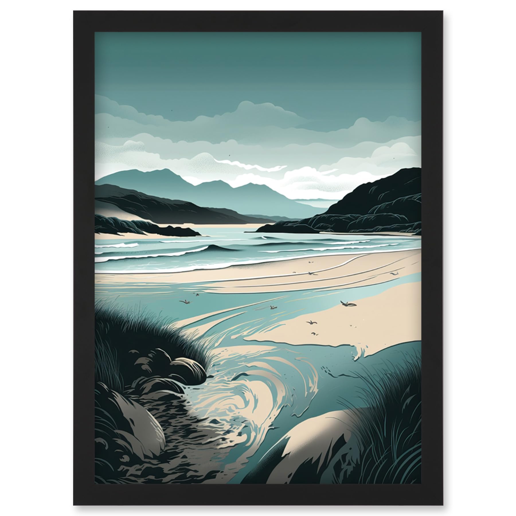 Artery8 Luskentyre Sands Coastal Landscape Illustration Artwork Framed Wall Art Print A4