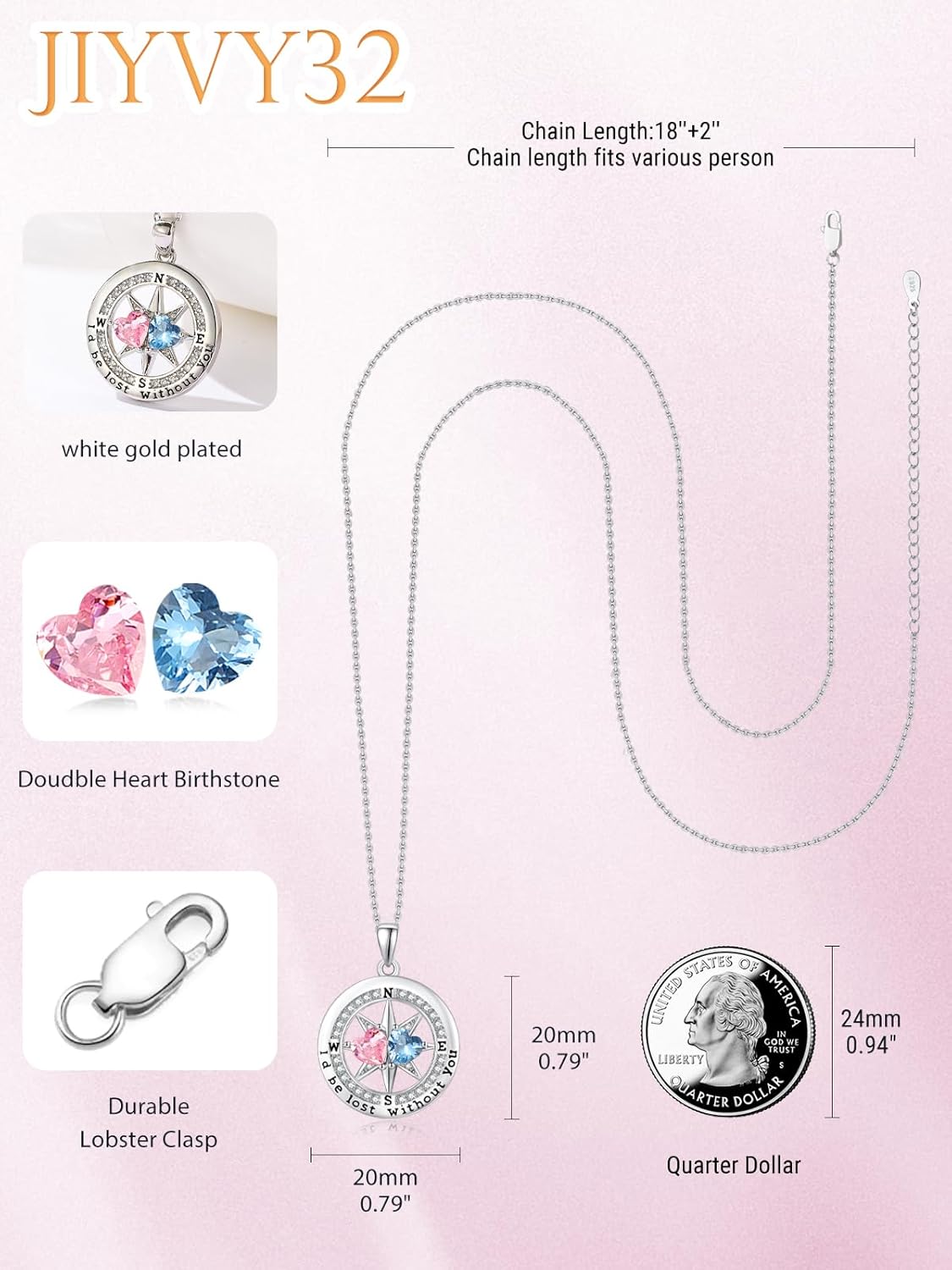 Compass Necklace for Women, Exquisite S925 Valentines Day Anniversary Birthday Gifts for Wife Her Double Birthstone Pendant Jewelry ‘I'd be Lost Without You’ - Image 2