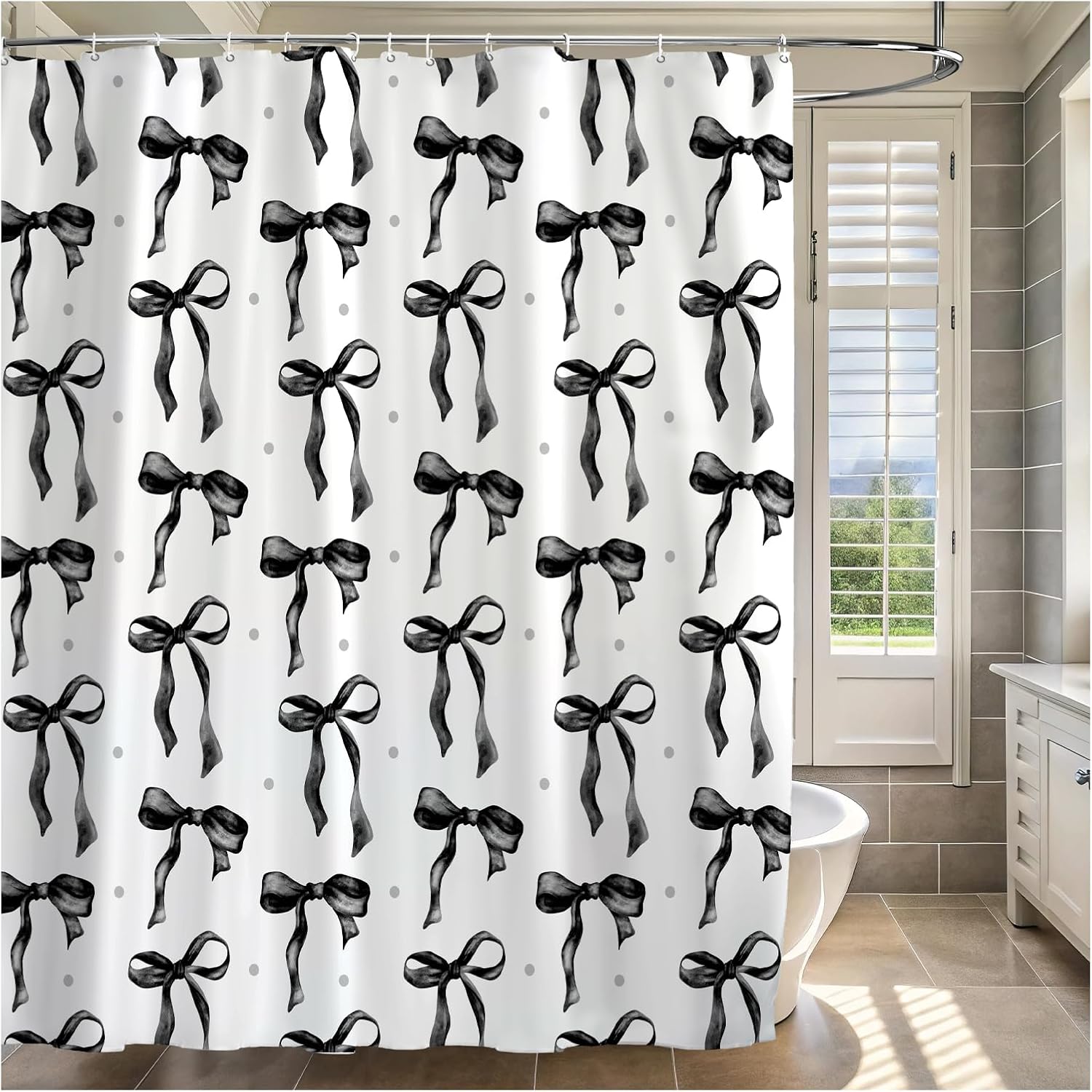 Cute Shower Curtain, Bow Pattern Waterproof Fabric Shower Curtain for Bathroom Decor, Aesthetic Modern Shower Curtains Sets with Hooks for Women Girls 72x72 Inches (Black)
