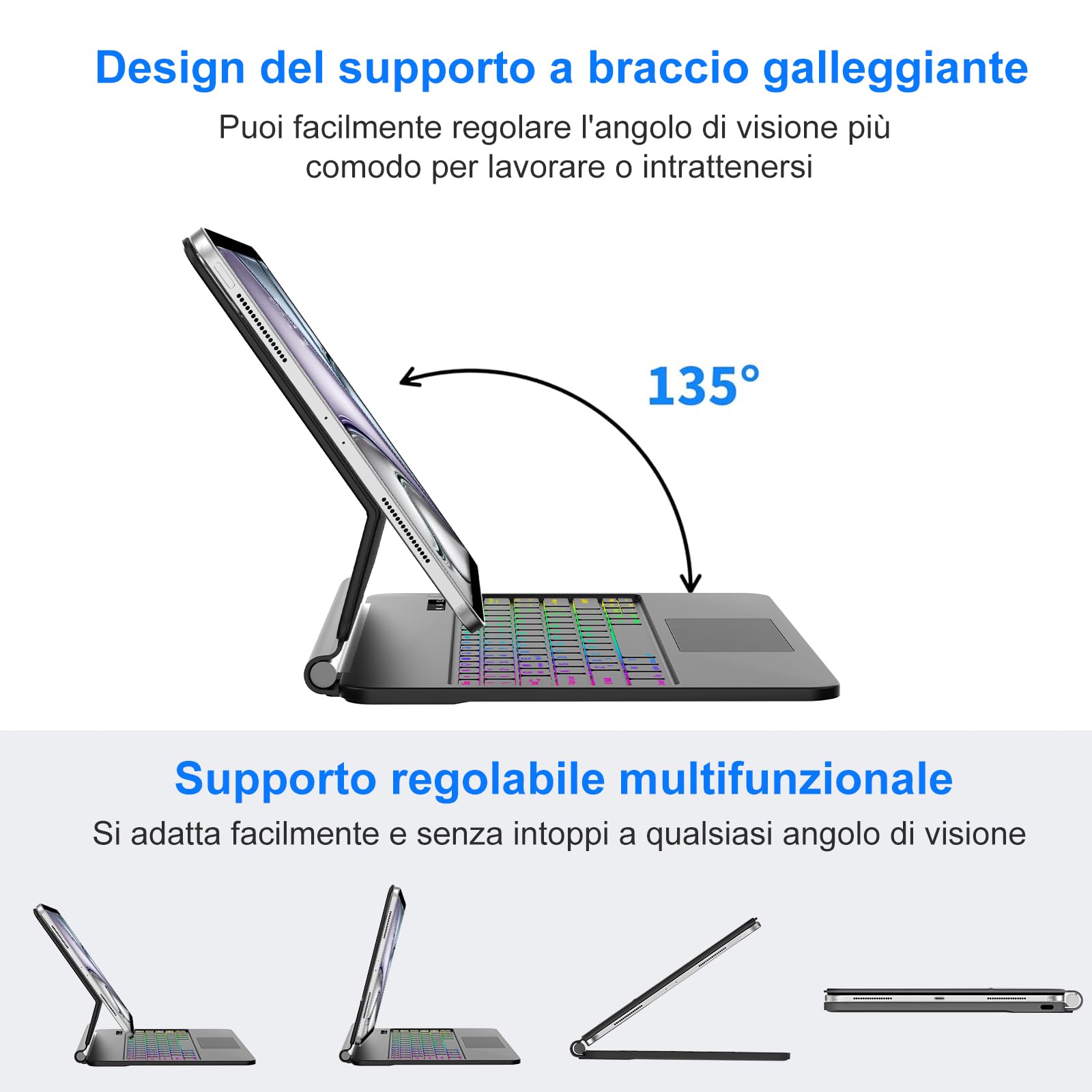 Per iPad Air 11 M4 2026/M3 2025/M2 2024 e Pro 11/Air 5/4 Gen Magic Keyboard | Retroilluminazione a 7 Colori Cover Tastiera Wireless Portatile con Supporto Flottante e Trackpad per Ufficio/Studio, Nero