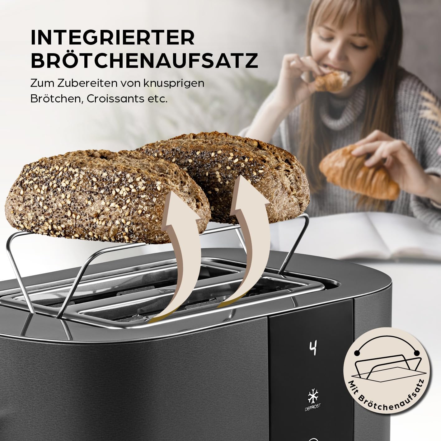 GOURMETmaxx Toaster Kurzschlitz für 2-Scheiben | Toaströster Anthrazit mit 6 Bräunungsgraden und Ready-2-eat-Countdown | Elektrisches Küchengerät mit Touchdisplay, Brötchenaufsatz & Aufwärmfunktion