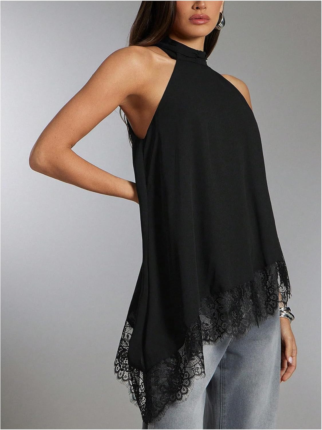 Women's Y2k Satin Lace Tops Asymmetrical Halter Going Out Tops Flowy Mock Neck Sleeveless Spring Summer Outfit - Image 3