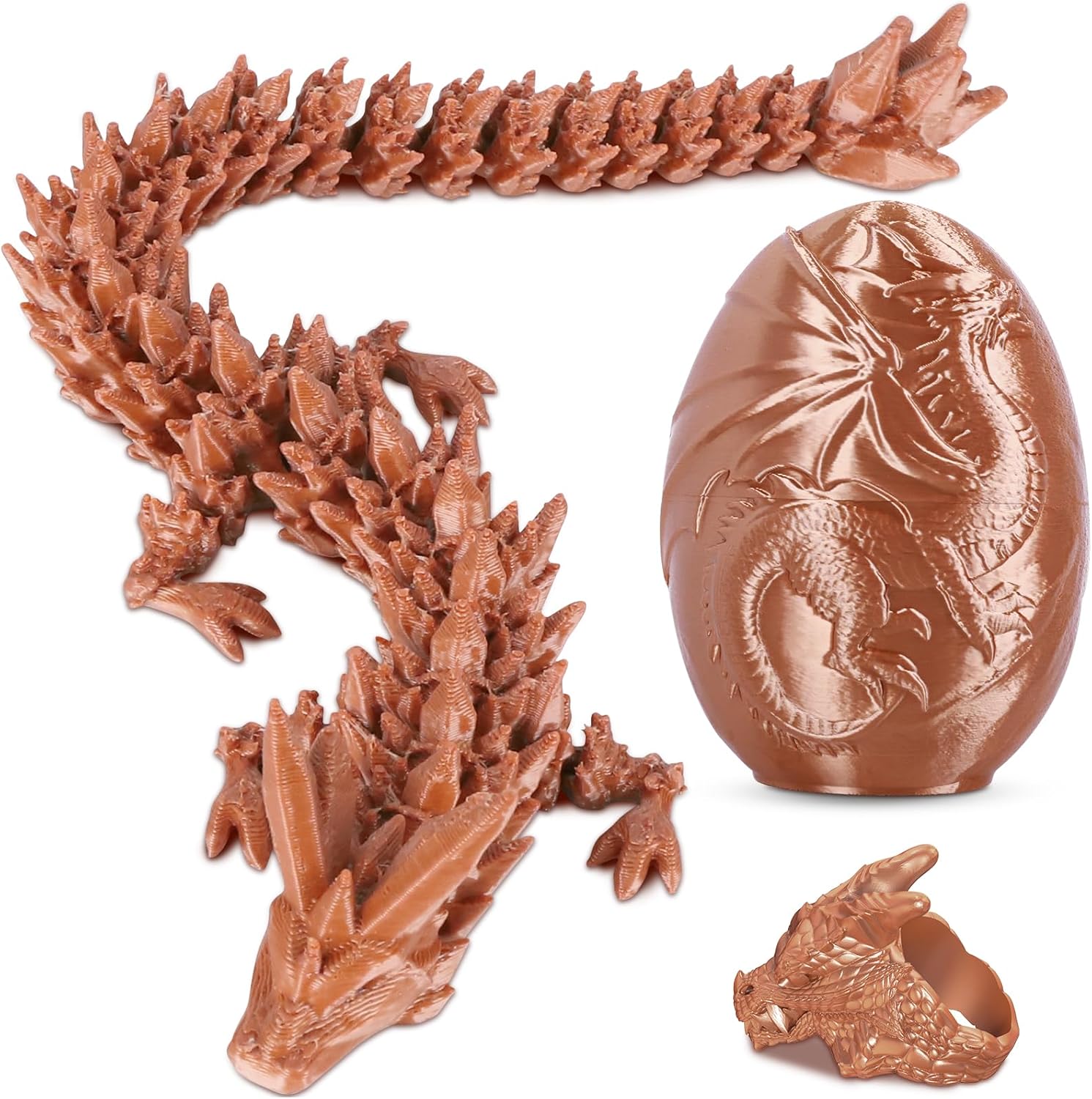 3D Printed Dragon Egg with Engraved Western Dragons - Surprise Gift Set with Articulated Crystal Dragon and Ring, Fidget Sensory Toys for Kids, Birthday Halloween for Boys and Girls