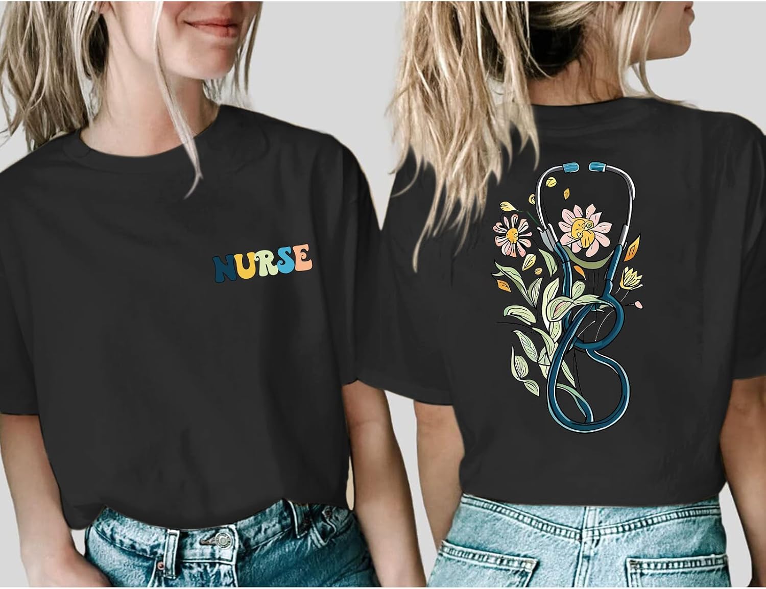 Nurse Graphic Shirts for Women Boho Floral Nurse Life T Shirt Stethoscope Oversized Graphic Tees Nurses Day Gifts - Image 2