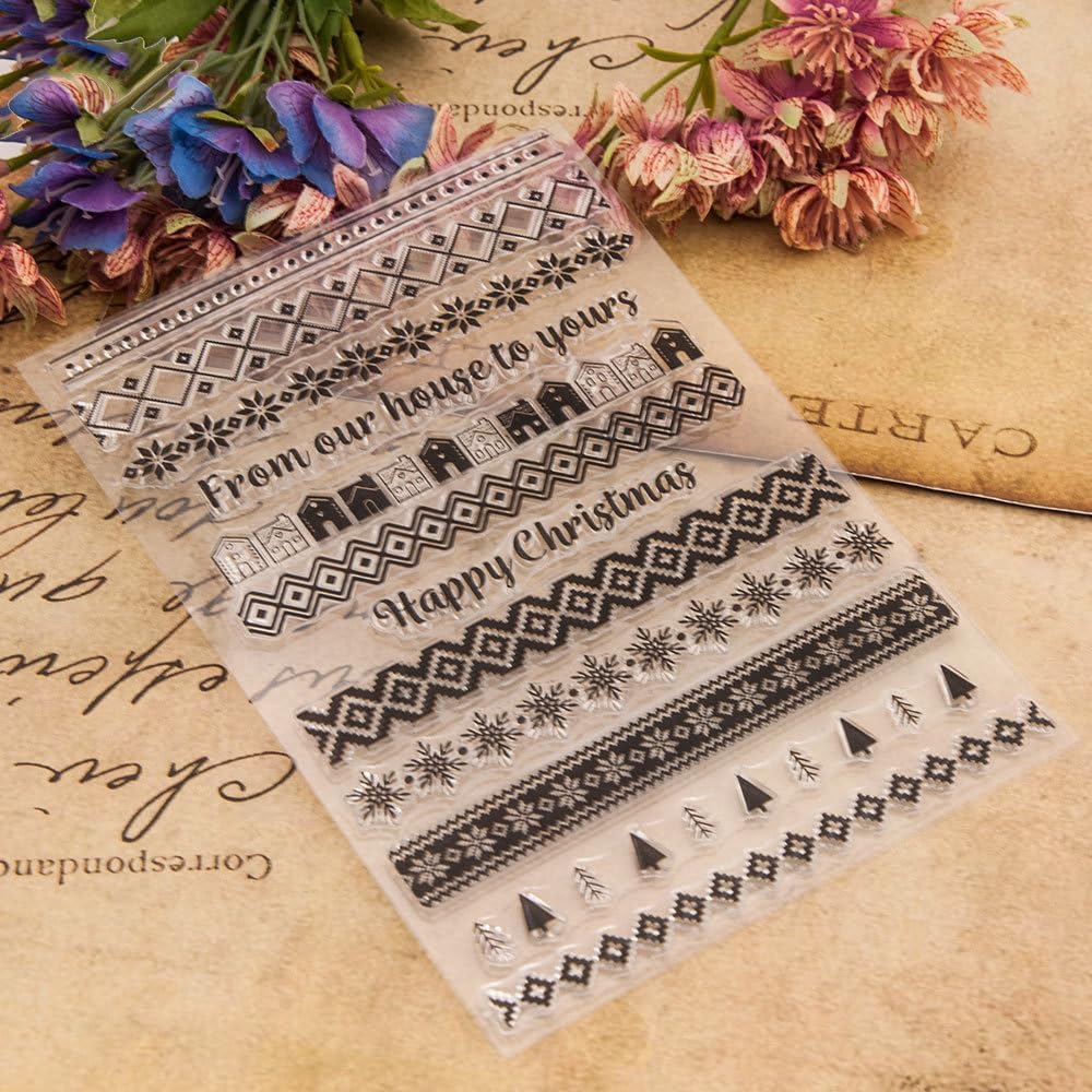 12pcs Christmas Snowflake Lace Pattern Clear Stamps House Flower Grid Lace Transparent Seal Clear Stamps for Holiday Card Making Decoration and DIY Scrapbooking Album DIY Crafts
