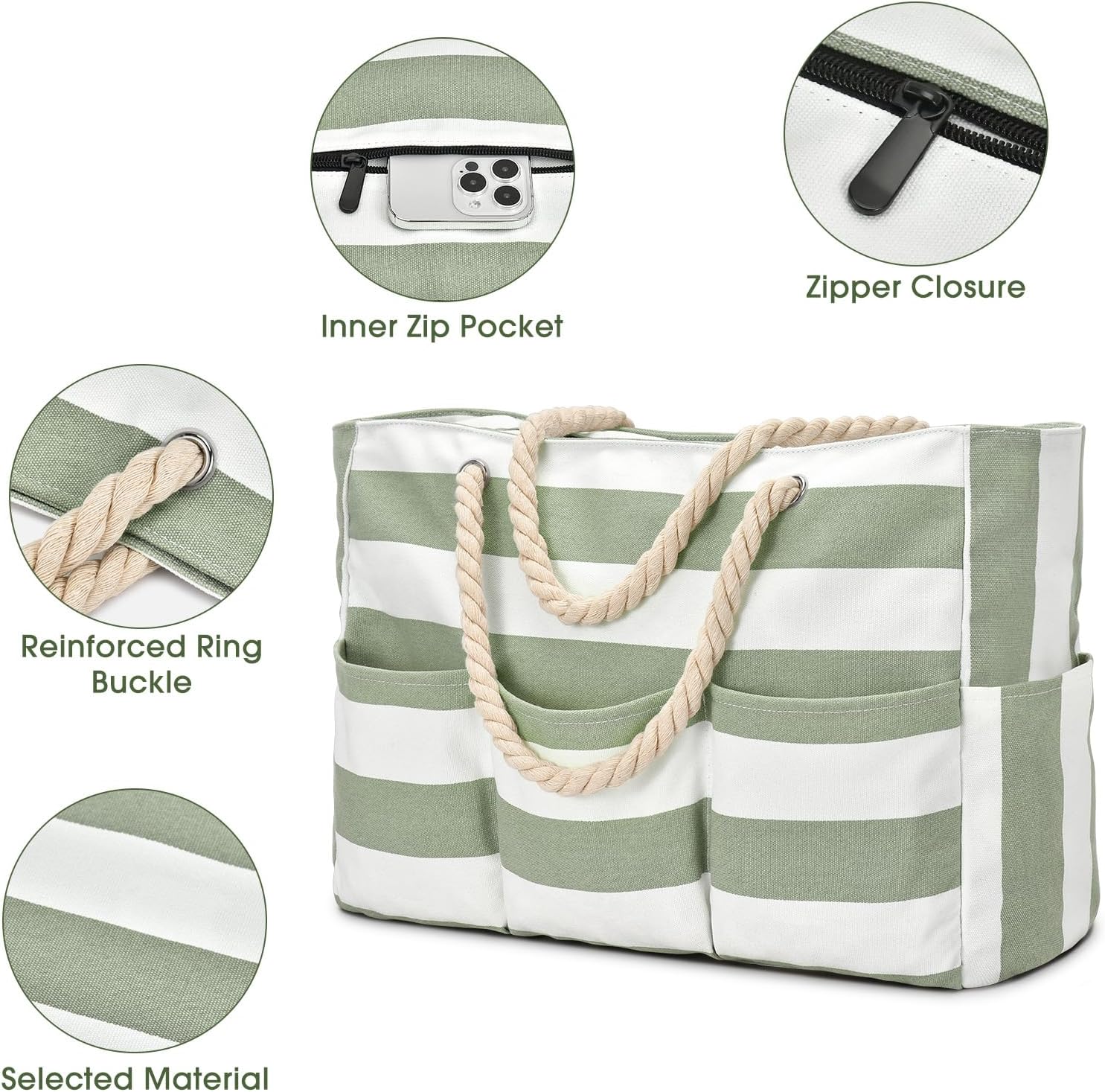 Becokan Beach Bags for Women Canvas Large Beach Tote Bag Zipper Waterproof Sandproof Foldable Swim Pool Bag with 7 Pockets - Image 4