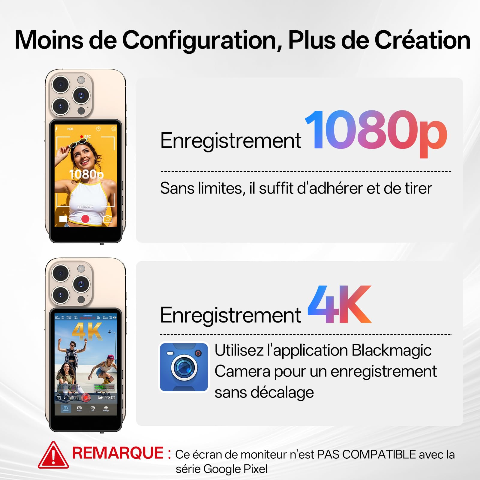 Moman Écran Moniteur Selfie sans Fil Magnétique 3,97" pour Smartphone | Compatible iPhone 7-17 et Android, 4K/1080p, 50m, Aperçu en Temps Réel pour Vlog, Tiktok et Live - Blanc