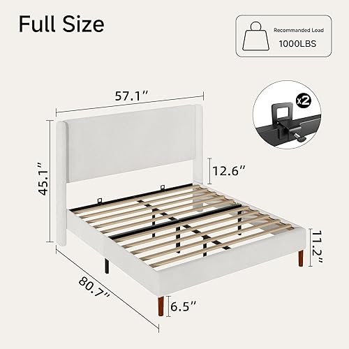 Miniatura 2 de Marco de cama Full Boucle, cama de plataforma con cabecera tapizada con respaldo de ala, fuerte soporte de listones de madera, sin ruido, no