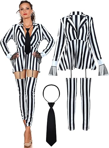 Halloween Cosplay Set Women's Black White Striped Kit Vertical Stripe Blazer Movie Character Costume