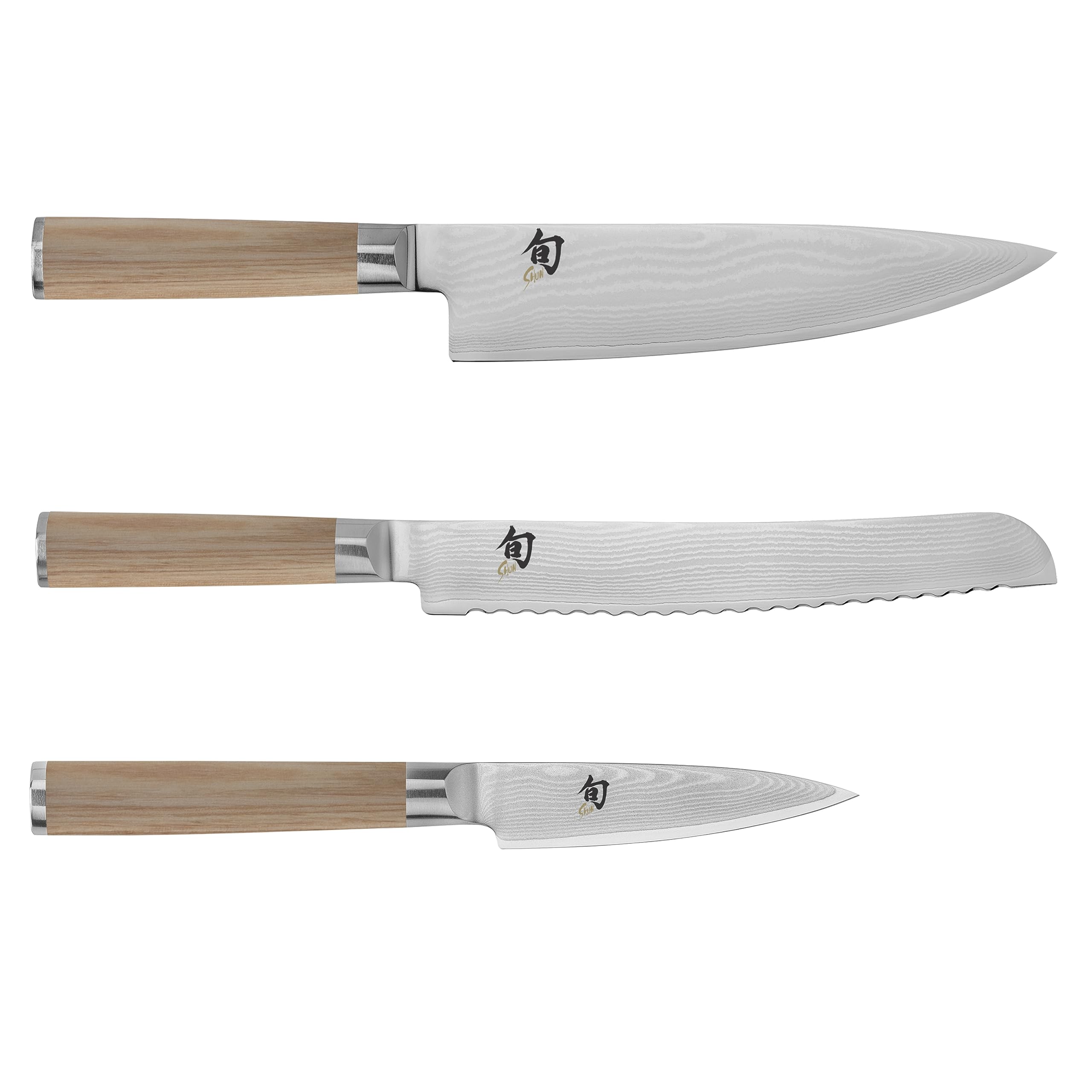Shun Classic Damascus Blonde 3-Piece Knife Set Includes Chefs Knife 8-in Bread Knife 9-in and Paring Knife 3