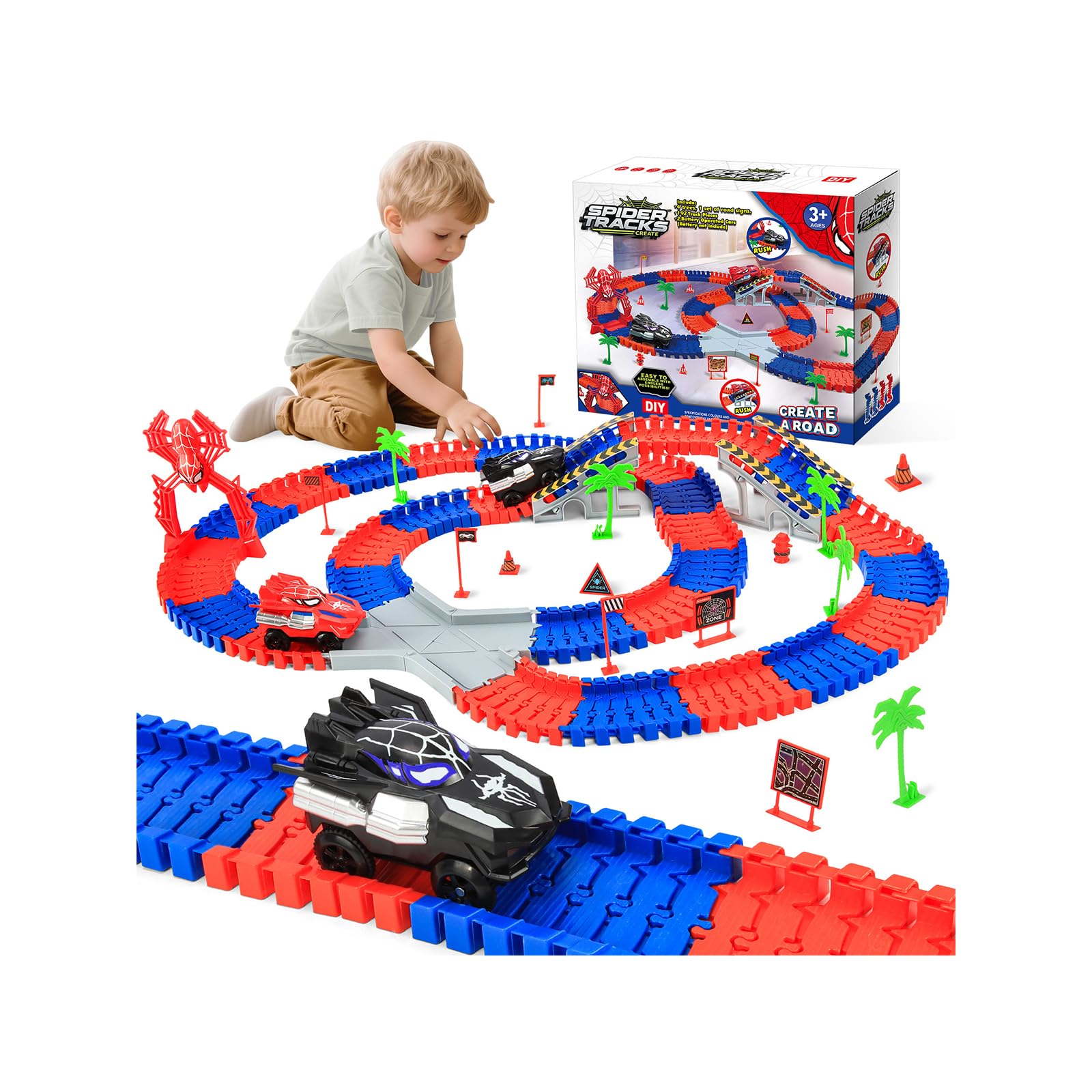 MOMSIV Race Track Toy for 3-7 Year Old Kids, Spider Construction Race Tracks & Cars Toy Set for Boys, Flexible DIY Play Set Create A Spider World Road Games for Boys and Girls