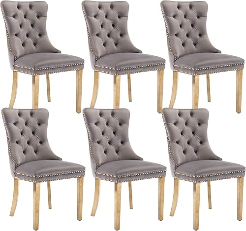 Miniatura 36 de Juego de 4 sillas de comedor de terciopelo beige, sillas tapizadas modernas para comedor con respaldo capitoné y acentos de madera, patas curvas de