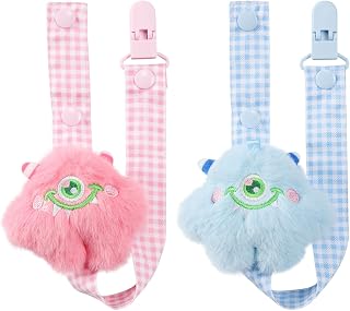 CutiePlusU Clips para chupete para adultos, paquete de 2 unidades, para niños y niñas, universales, aptos para todos los chupetes, color rosa y azul monstruo