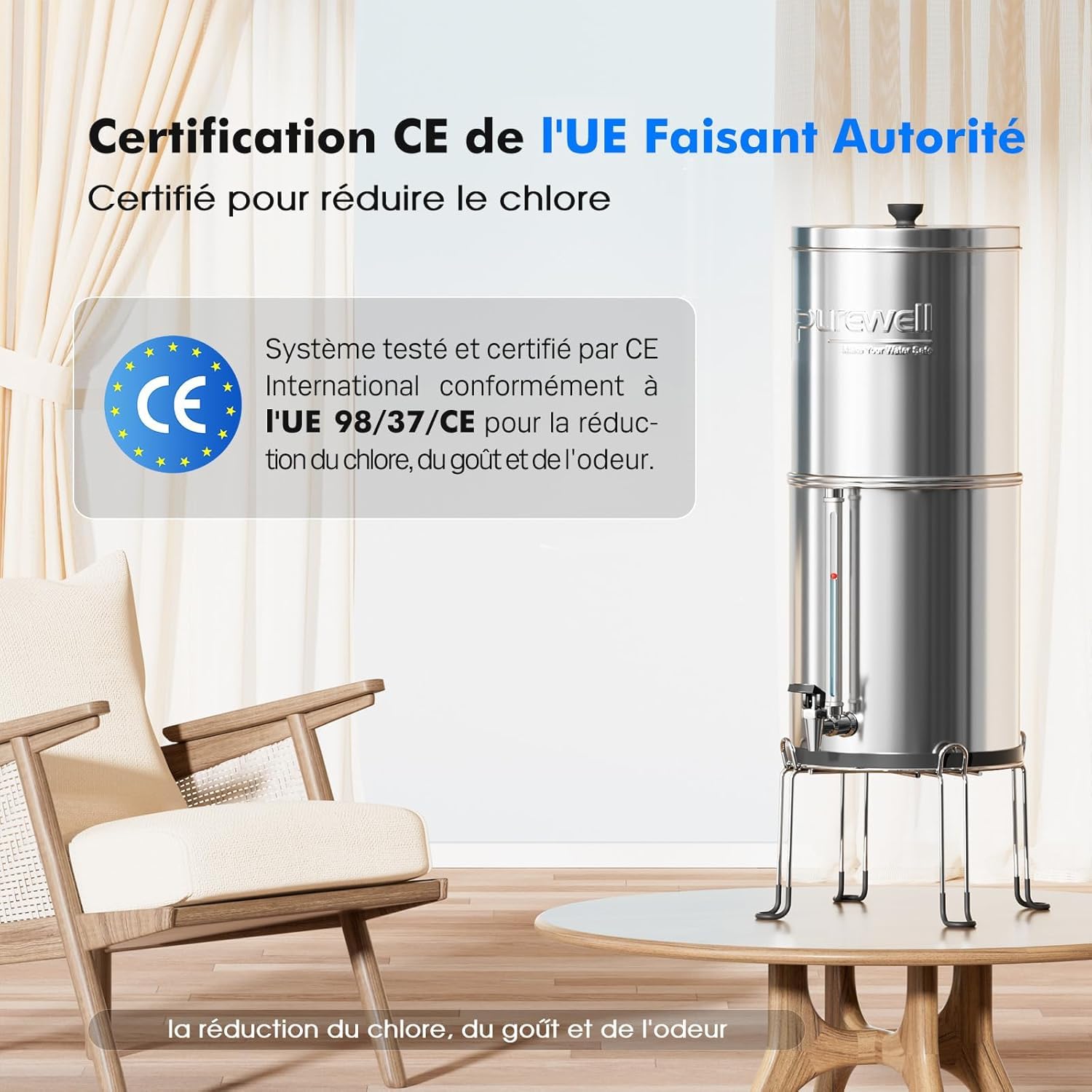 Purewell Filtr grawitacyjny do wody 5,7 litra - zbiornik ze stali nierdzewnej 304 + 4 filtry (węgiel/fluor) - kran wizualny - usuwa 99% fluorów/chloru/metali - bez prądu