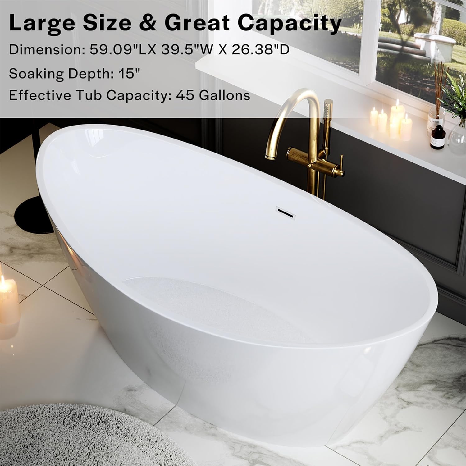 Empava Freestanding Bathtub, Acrylic Soaking Tub with Brushed Nickel Drain & Overflow – Modern Standalone Shower Tub, Non-Slip Flat Bottom Design, Glossy White, 59 Inch,cUPC Certified - Image 7