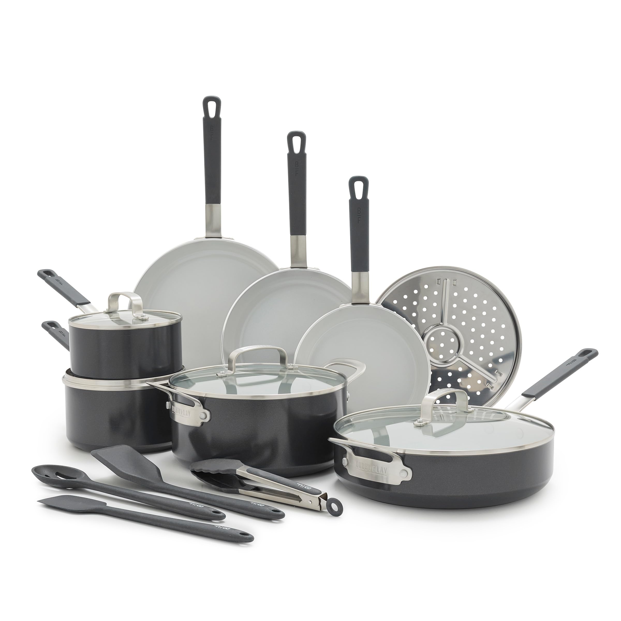 X Bobby Flay 16 Piece Ceramic Nonstick Cookware Set, Graphite