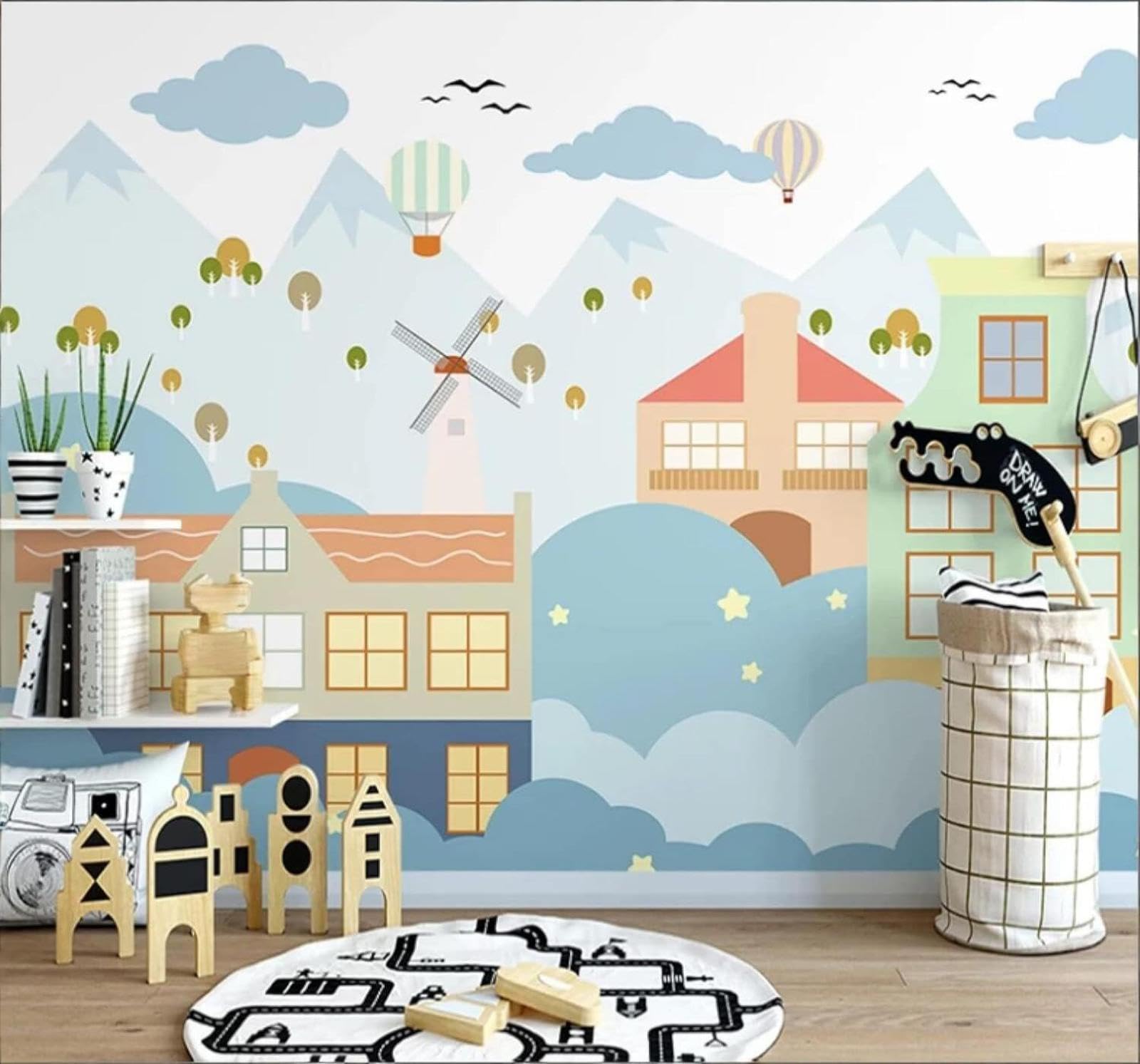 Wallpaper-3D-Xlm 200Cm×140Cm(B×H) Cartoon Small House Mountain Peaks Hot Air Balloon Landscape 3D Wallpaper Easy Install Feature Office Living Room Sofa Bedroom Tv Background Wall Decoration-200Cm×140Cm