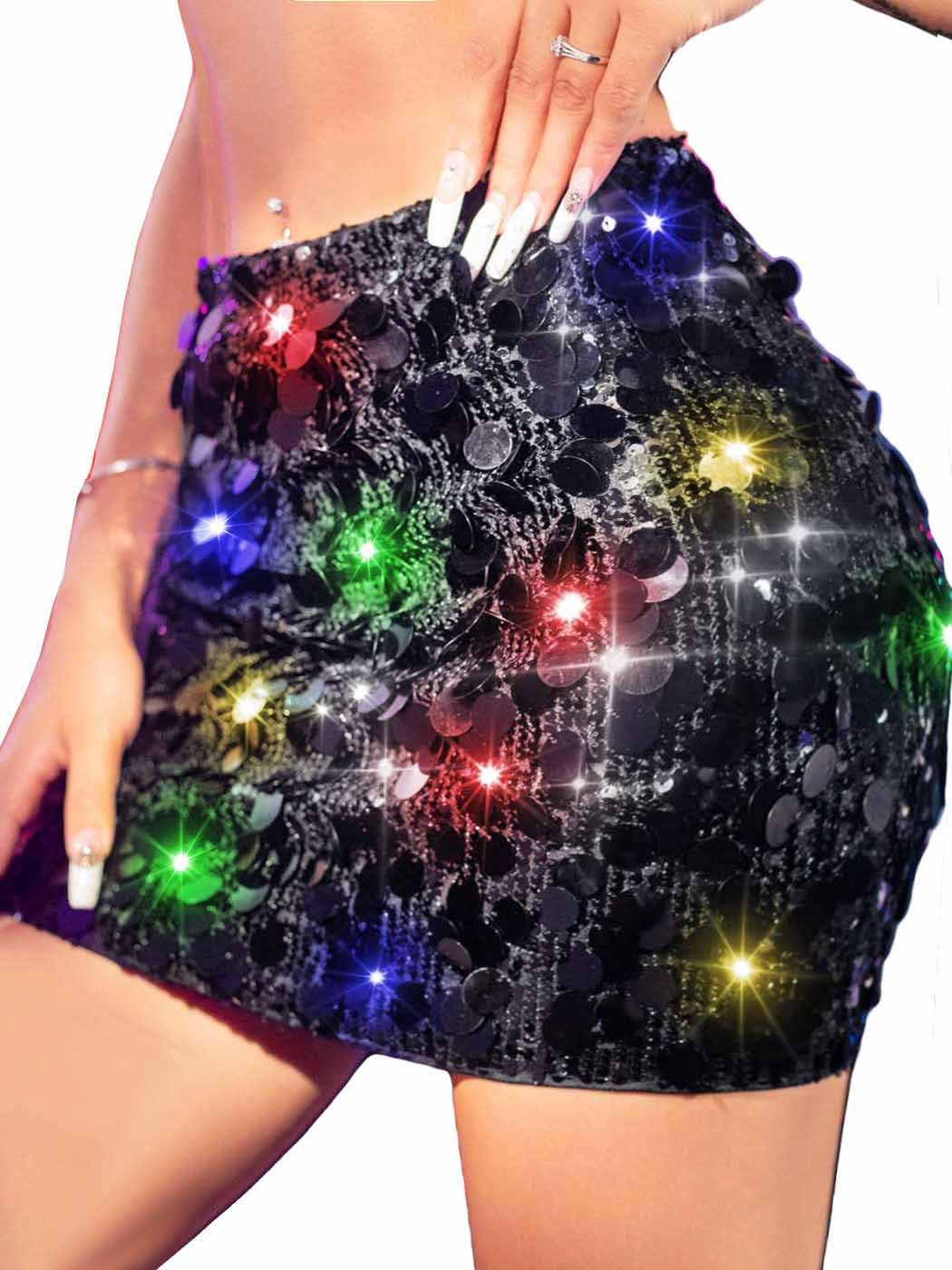TWINKLEDE Light up Sequin Mini Skirt Sparkly Rave Disco Dance Skirt for Women (Black)