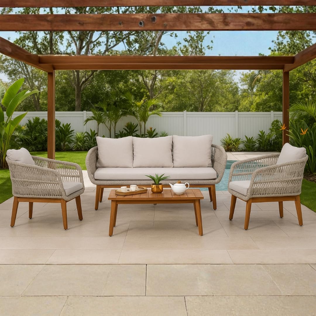 Royaloak Seattle American Braided Rope Three & Two Seater Outdoor Sofa Set with Coffee Table | Premium Braided Rope, Rust-Proof Steel Frame, Sturdy Acacia Legs | Patio Contemporary Design-image-27