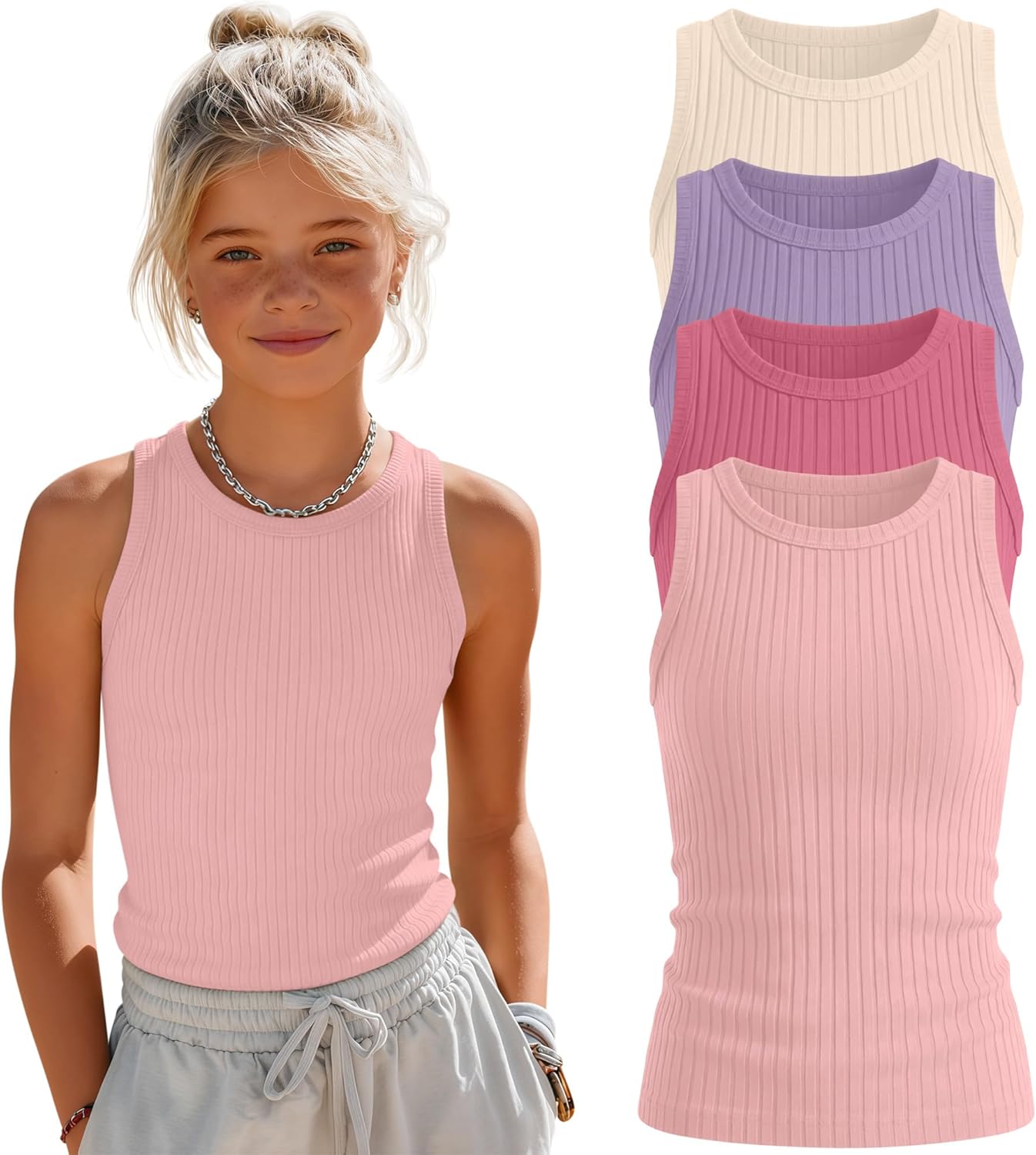 4 Pack Girls' Ribbed Tank Tops Crew Neck Fitted Sleeveless Undershirts Kids Casual Basic Camisole 5-14 Years