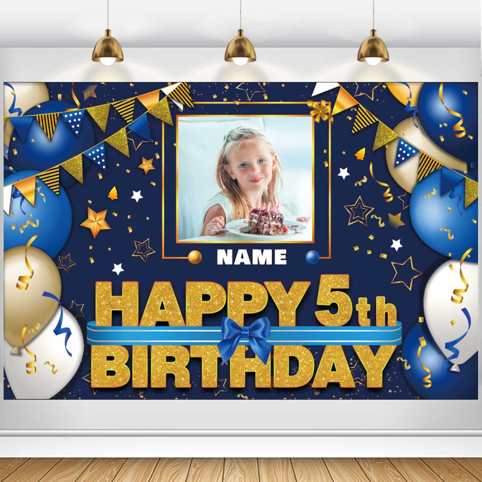 AUBAO Custom Happy 5th Birthday Decorations Banner - 5 Years Old Backdrop for Women Men Boys Girls Personalization Party Supplies Navy Blue