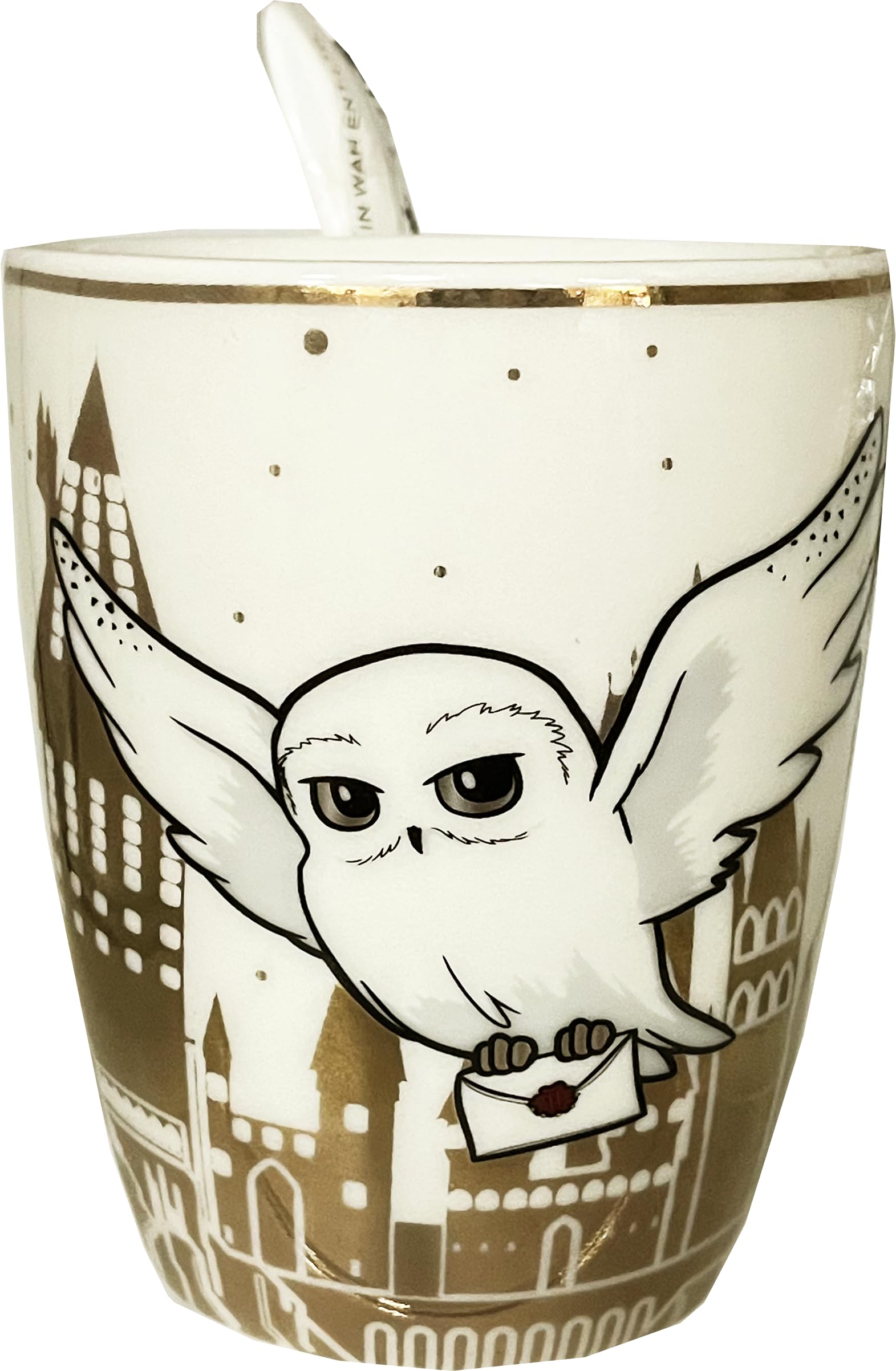 GWCC Licensed Harry Potter Hedwig, Hogwarts Mug and Spoon Set with Gold foil Print in a Gift Box