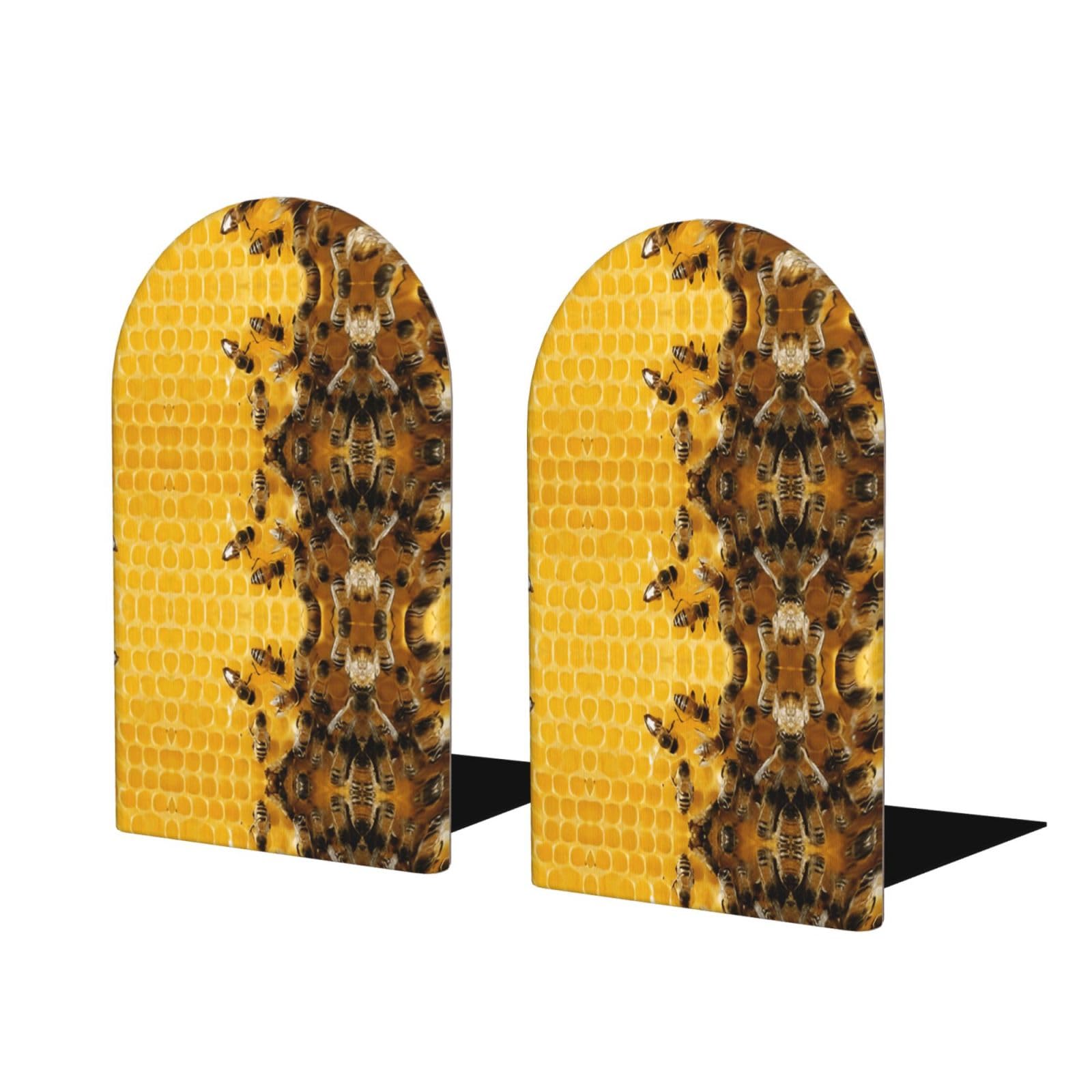 Cute Bees Stylish Bookends with Full-Print Design Durable Wooden and Metal Bookend Set for Home, Office