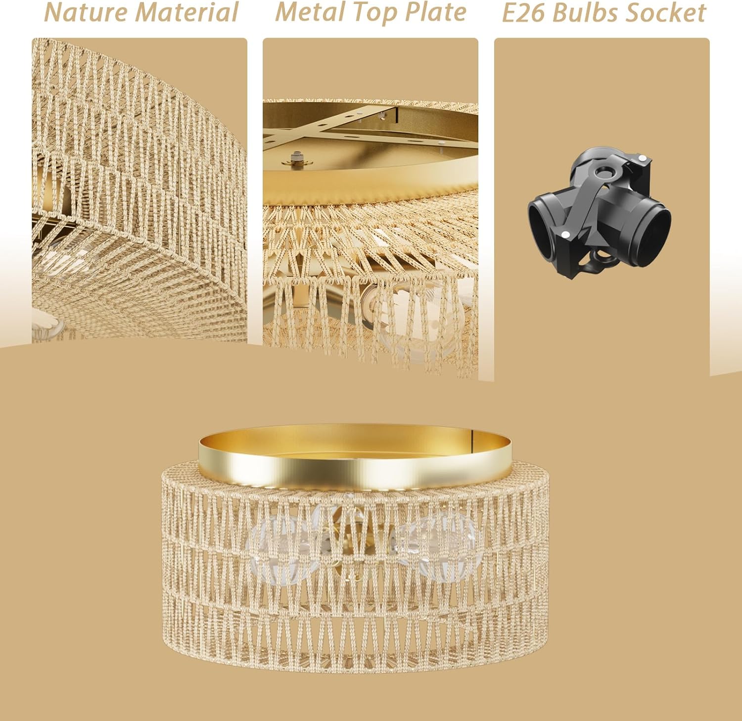 ROOMTEC 12.4" Boho Rattan Ceiling Light,3-Light Modern Farmhouse Rattan Light Fixture with Dimmable E26 LED Bulb Gold Handmade Ceiling Lamp for Dining Room,Hallway,Bedroom,Foyer and Kitchen