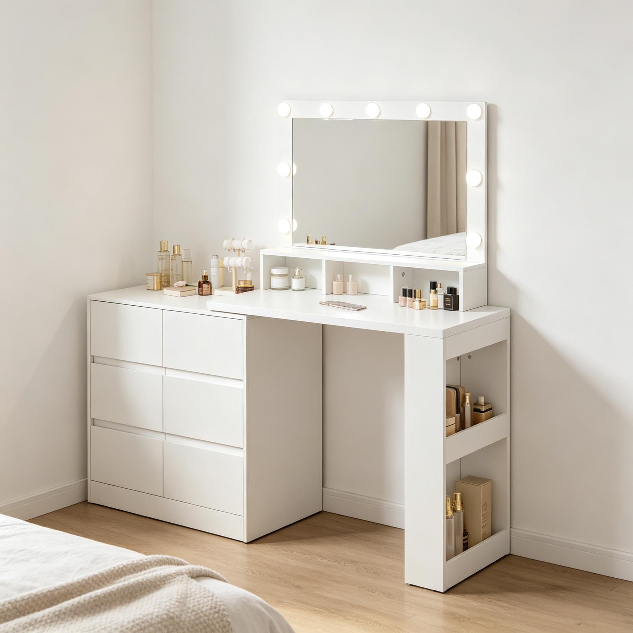 Tavolo da toeletta con specchio LED, a forma di L, 6 cassetti