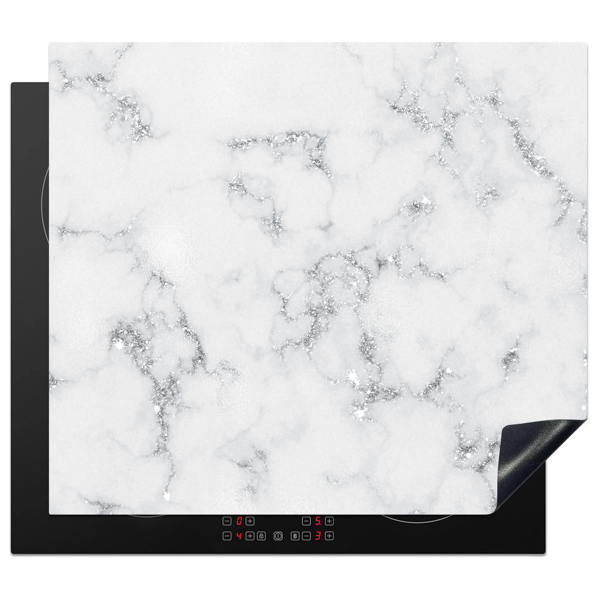 KitchenYeah© Induction Hob Protector Mat 20.1"x23.2" / 59x51 cm Cooker Top Protectors Cover Ceramic Covers Electric Hobs Vinyl Marble - White - Silver - Glitter - Marble Look - Chic