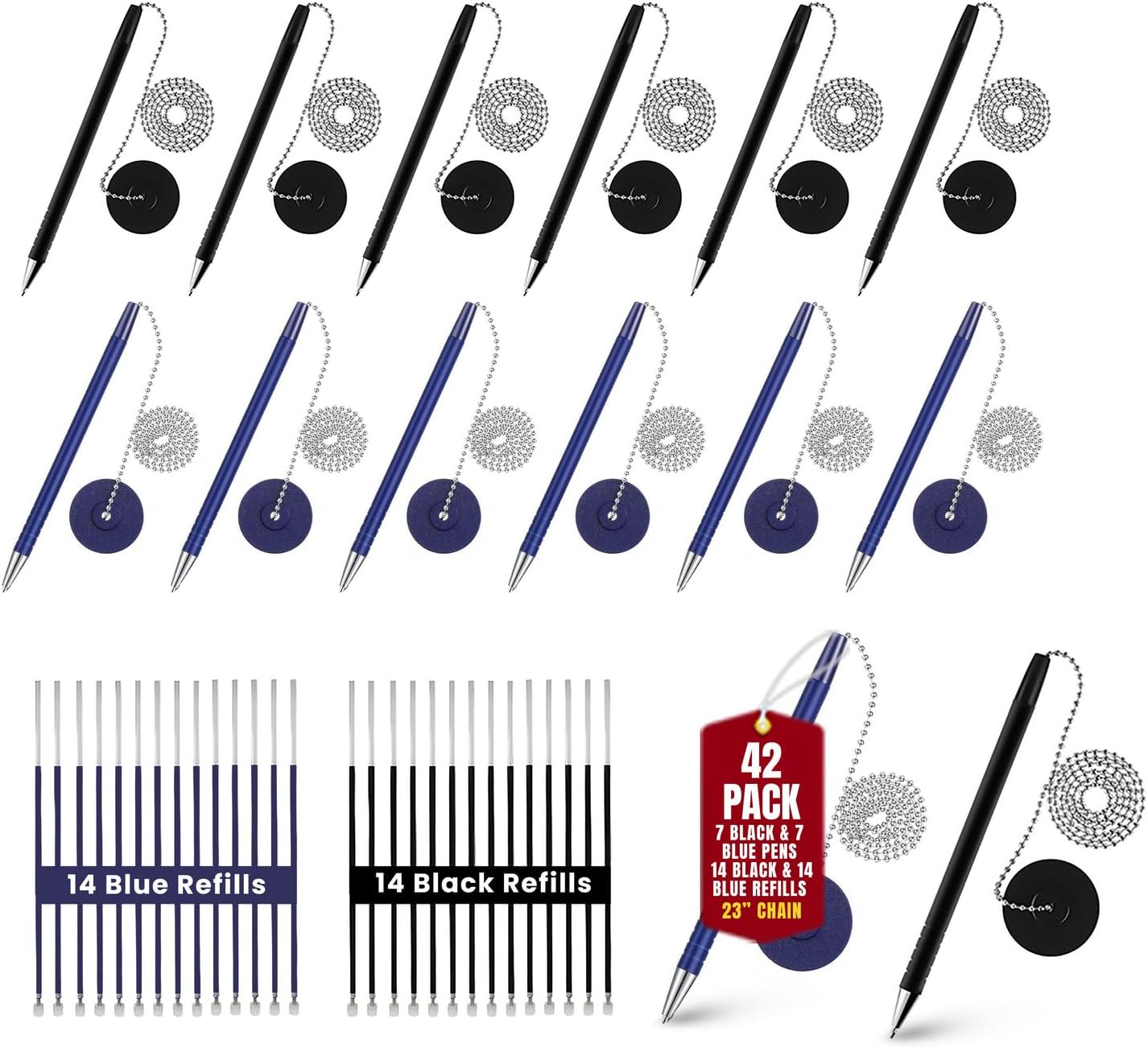 Pen with Chain [Pack of 42] – Security Desk Pen on a Chain with Adhesive Base & 23" Chain Pen Holder Includes 14 Pens(7 Black+7 Blue) and 28 Refills(14 Black+14 Blue) for Office, Counter Pen