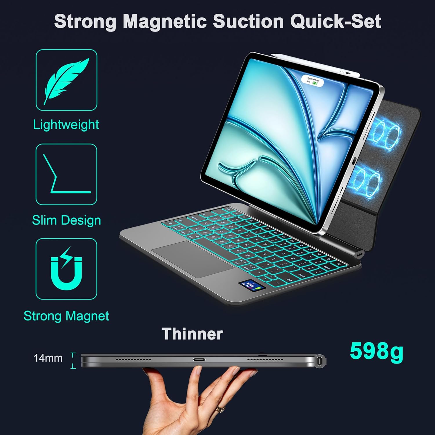 WIWU iPad Keyboard Case Pro/Air 11 Inch M4 Smart Display Battery Level Magnetic Foldable Stand 7 Color Backlit Slim Case with Keyboard Trackpad Black(for iPad Air 5/4/11"(M2/M3M4) Pro 11" 4/3/2/1)