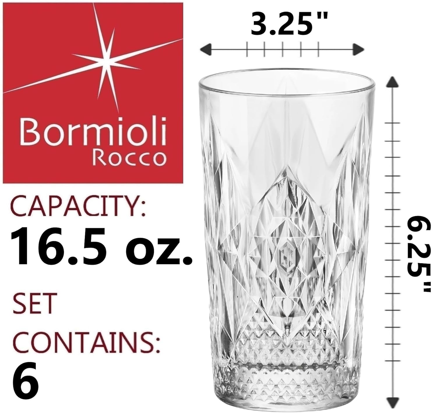 Bormioli Rocco Bartender Stone 16.5 oz. Cooler Drinking Glasses for Cold Drinks, Juices, and Cocktails, Clear, Set of 6