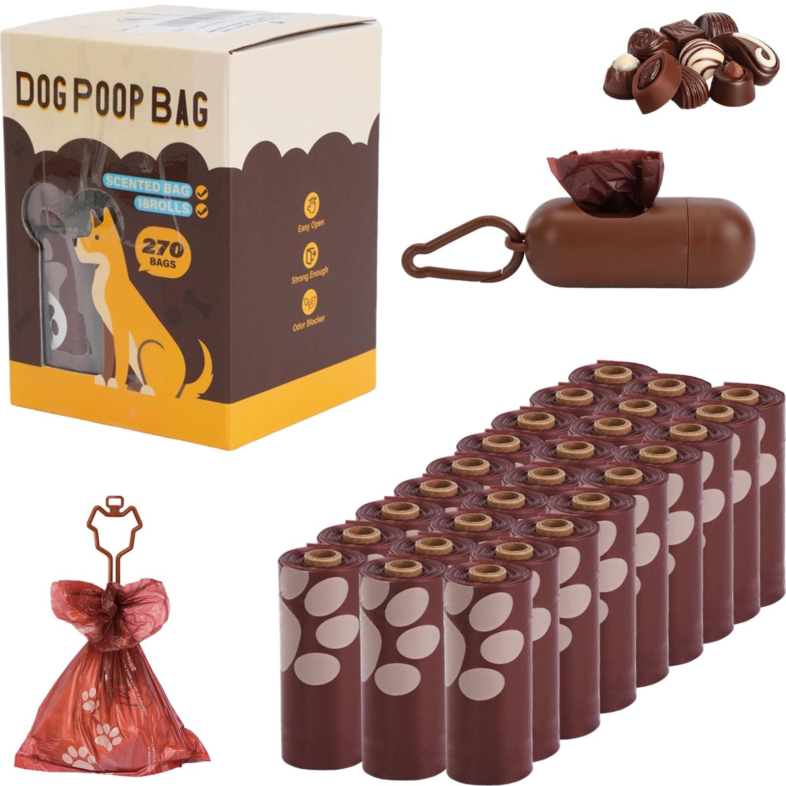 giteo bedding 270 Count Chocolate Scented Dog Poop Bags Rolls with Dispenser and Holder, Extra Leak Proof Thick Waste Bag for Dogs, Cats, Doggie Pet Supplies, Cat Puppy Essentials