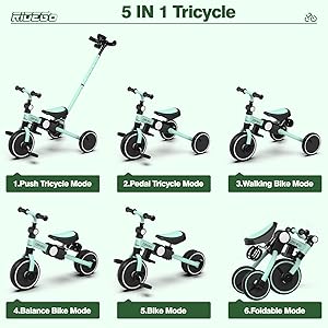 Ridego 5 in 1 Toddler Bike, Foldable Bike for Toddlers 2-5 Years Old Boys and Girls, Kids Tricycle with Push Handle,Tricycle for 2 Year Old Toy and Gift with Removable Pedal